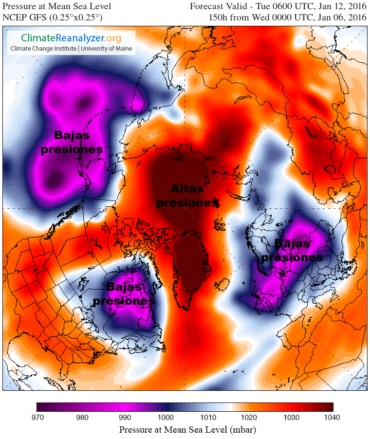 Campo de presión a nivel de la superficie, centrado en el Polo Norte. Previsión del GFS para el 12 de enero de 2016.