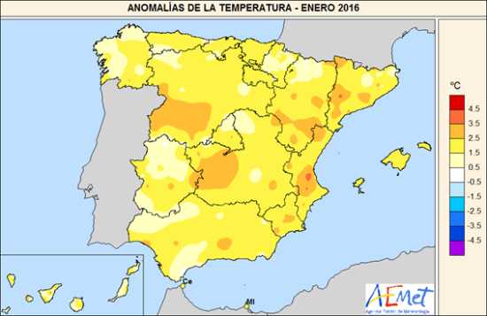 anomalias temperatura enero 2016 españa