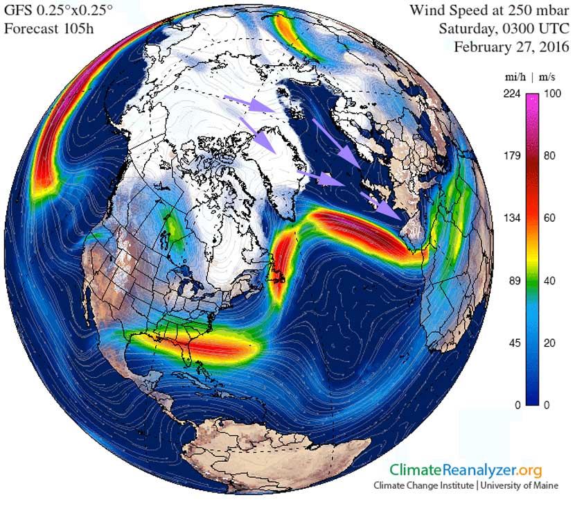 Comportamiento del Chorro Polar previsto por el modelo GFS para el 27 de febrero de 2016, 03 UTC.