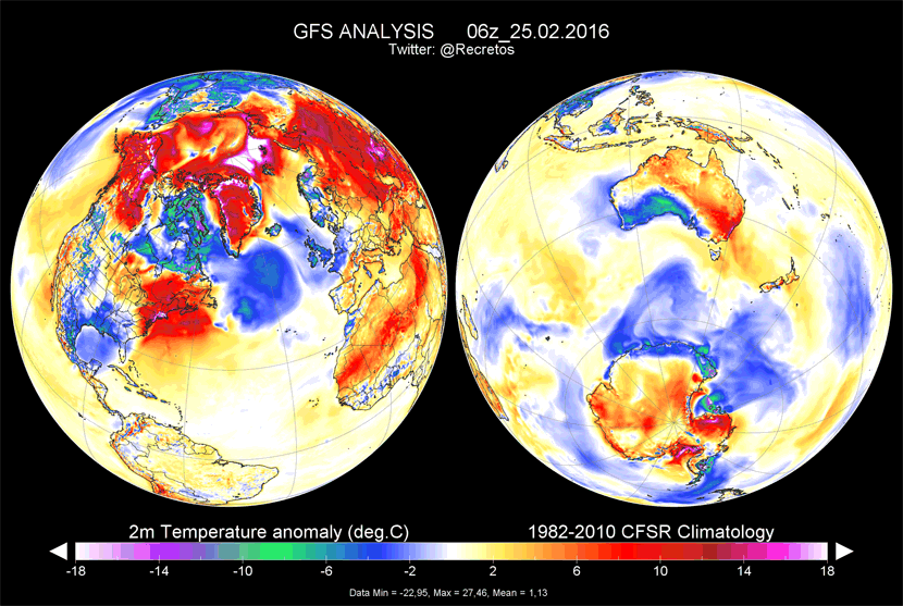Anomalías mundiales de temperatura a 2 metros de altitud, según el modelo GFS, 25 febrero 2016, 06 UTC.