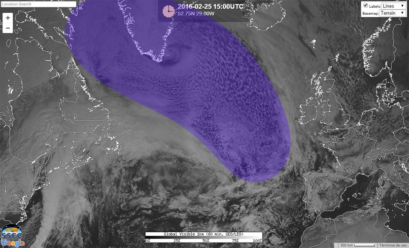 Imagen visible del Atlántico Norte y detalle de la gran advección polar que se cierne sobre Europa Occidental.