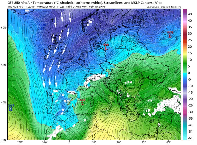 Nivel de 850 hPa: líneas de flujo (viento) y temperatura en colores. Previsión modelo GFS para 15 febrero 2016, 06 UTC.