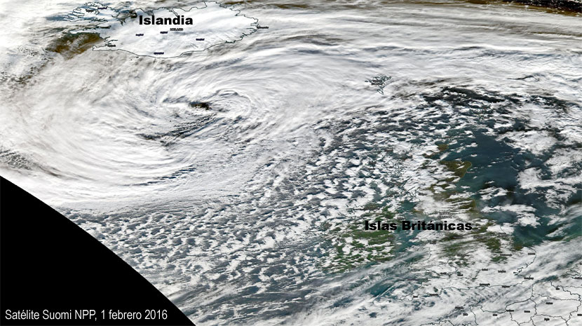 Imagen visible de alta resolución de la borrasca "Henry". Satélite Suomi NPP, 1 de febrero de 2016. Crédito: NOAA/NASA.