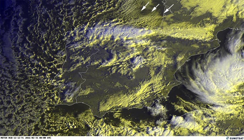 Imagen visible y falso color RGB, centrada en la Península Ibérica. 15 de febrero de 2016, 08 UTC.