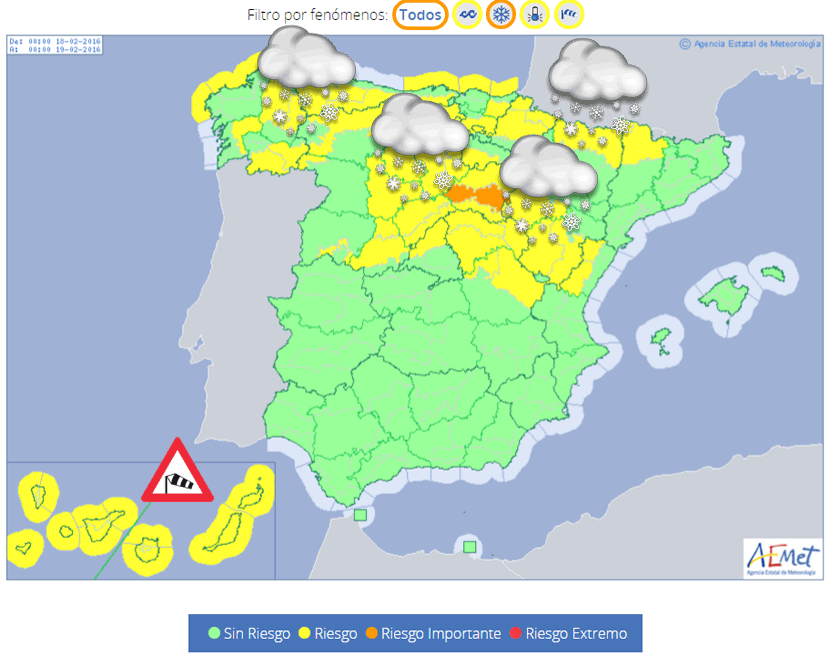 Mapa de avisos por Fenómenos Meteorológicos Adversos previsto para mañana en España, 18 febrero 2016.