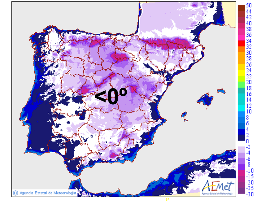 Mapa de temperaturas mínimas registradas en la Península, Baleares, Ceuta y Melilla hoy, 17 febrero 2016.