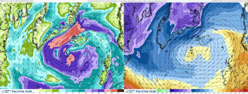 Panel con la representación en dos mapas de varios parámetros asociados al ciclón ártico cerca de Islandia.