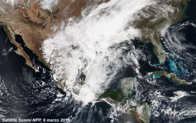 Imagen visible de alta resolución con el sistema de baja presión aislado sobre el estado de México, 9 de marzo de 2016. Crédito: NASA.