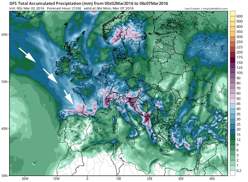 Precipitación total (lluvia y nieve) acumulada, según el modelo GFS, desde hoy hasta el 7 de marzo de 2016, 06 UTC.