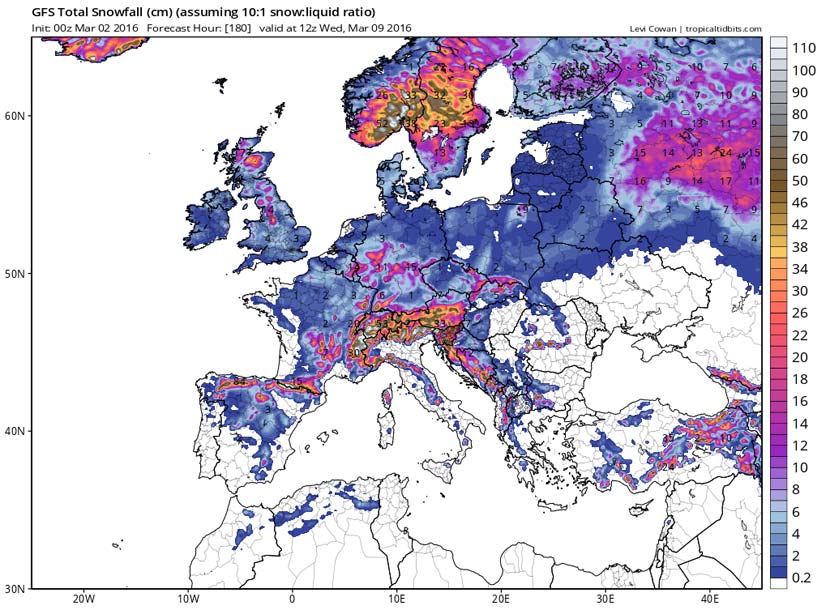 Acumulación total de nieve según el modelo GFS desde hoy hasta el 9 de marzo de 2016, 12 UTC.