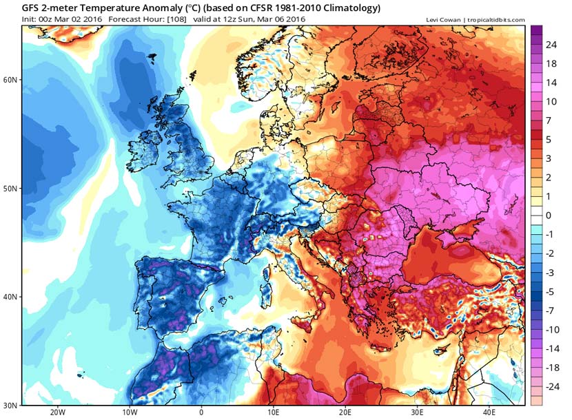 Anomalías de temperatura a 2 m. en Europa, previstas según el modelo GFS para el domingo 6 de marzo de 2016, 12 UTC.