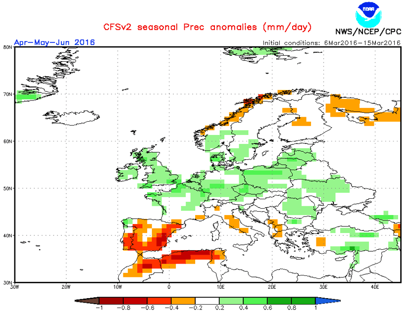 Anomalías de precipitación previstas para el trimestre abril-mayo-junio, modelo estacional CFS. Crédito: NOAA.