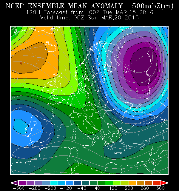 Anomalía media de altura geopotencial de 500 hPa prevista para el 20 de marzo de 2016, 00 UTC. Modelo GFS (NCEP).