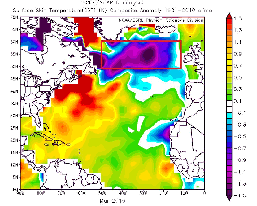 Anomalías de temperatura de las aguas superficiales del Atlántico Norte en marzo, respecto de la media 1981 - 2010.