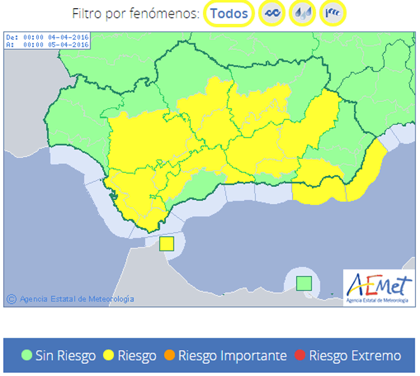Mapa de avisos por Fenómenos Meteorológicos Adversos, FMA, previsto para mañana lunes en Andalucía.
