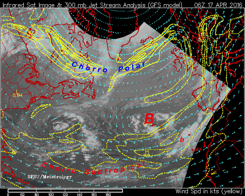 17 de abril de 2016, 06 UTC: imagen infrarroja y corrientes en chorro (vectores e isotacas amarillas). Modelo GFS.
