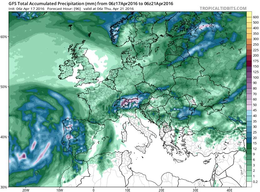 Precipitaciones acumuladas en las próximas 96 horas, según el modelo GFS.