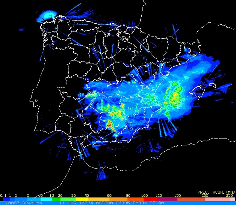 Estimación de precipitación en 24 horas (10 agosto 00 UTC a 11 agosto 00 UTC), en base a los datos de radar. Crédito: AEMET.