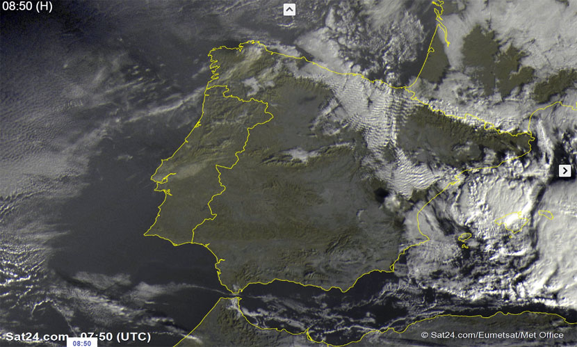 Imagen visible centrada en la Península Ibérica, 14 de noviembre de 2016, 07:50 UTC.