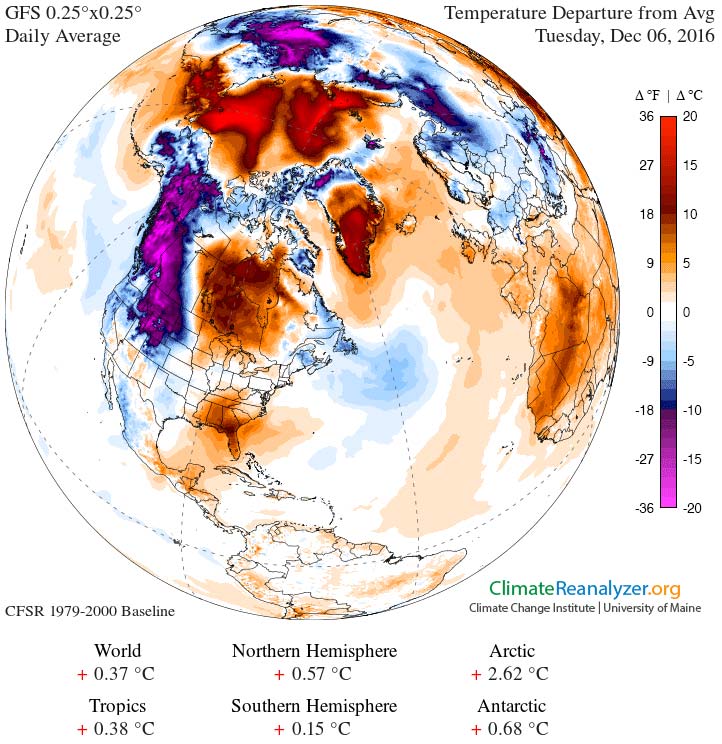 Anomalías de temperatura a 2 m. según análisis del modelo GFS del NCEP, 6 de diciembre de 2016.