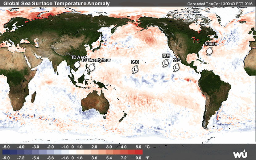 Sistemas tropicales (INVESTs y ciclones tropicales) en todo el mundo, y anomalías de temperatura de las aguas superficiales de los océanos, 13 de octubre de 2016.
