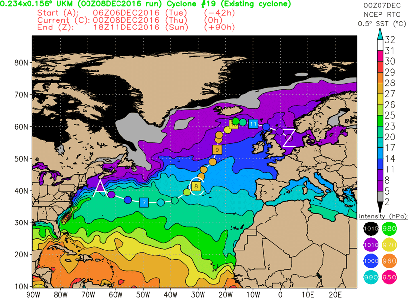 Temperatura del mar y trayectoria-intensidad de la borrasca. Análisis y previsión sobre el modelo UKMO.