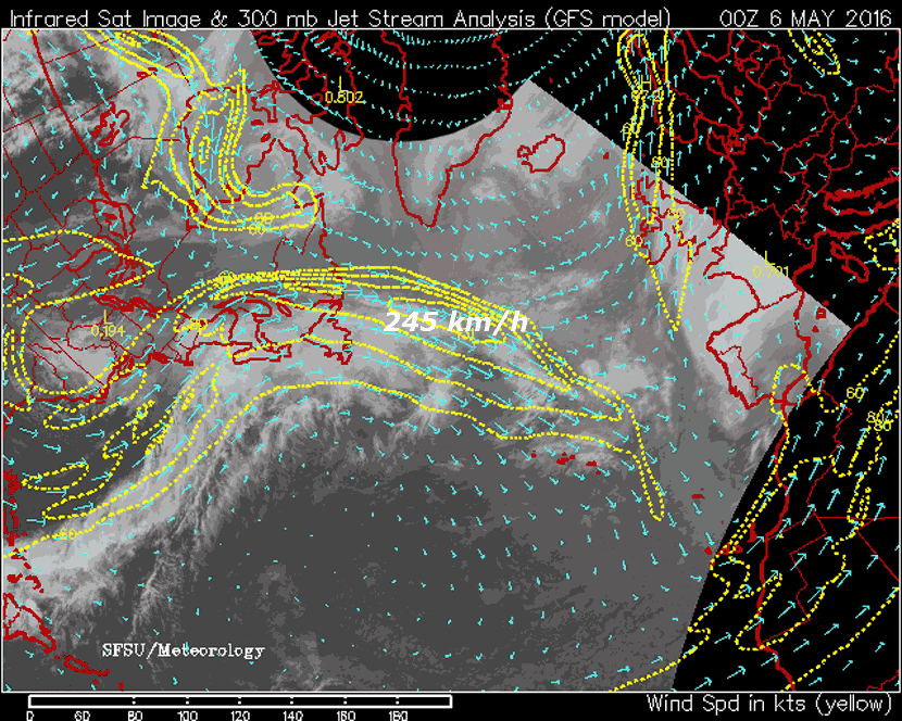 Imagen infrarroja y corrientes en chorro (vectores de dirección e intensidad, e isotacas), 6 de mayo de 2016, 00 UTC.