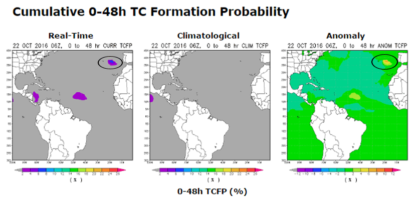 Producto derivado sobre probabilidad acumulada de formación de ciclón tropical en el rango 0 a 48 horas (%). Crédito: NOAA.