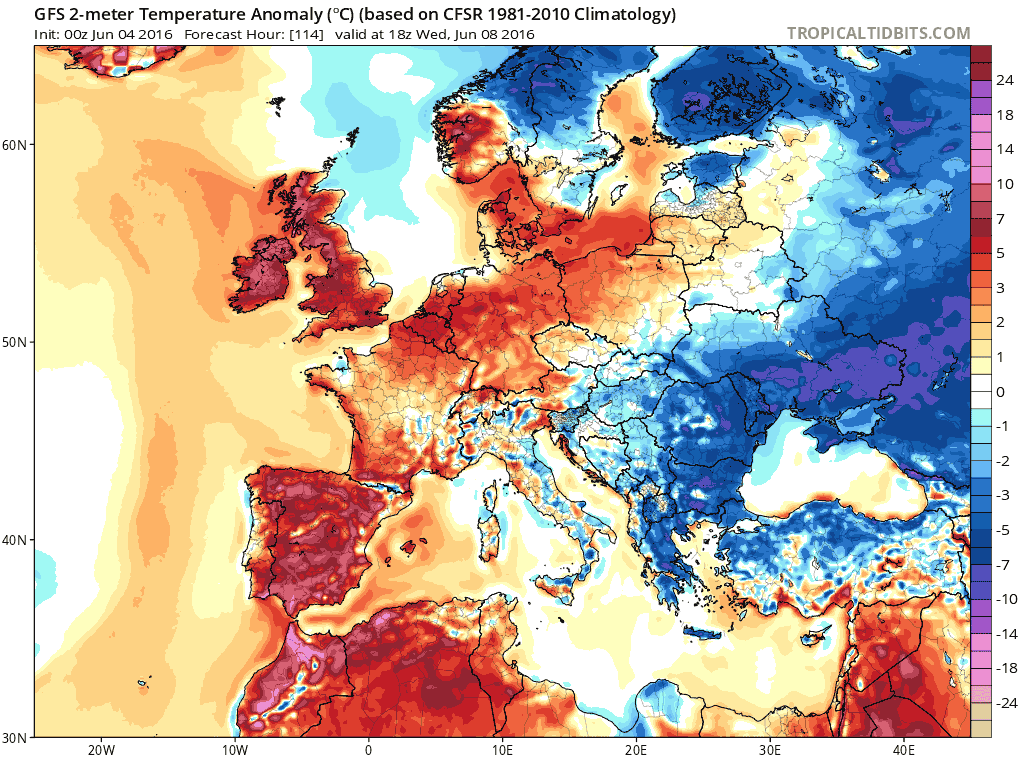 Anomalía de temperatura a 2 m. prevista por el modelo GFS para el 8 de junio de 2016, 18 UTC.