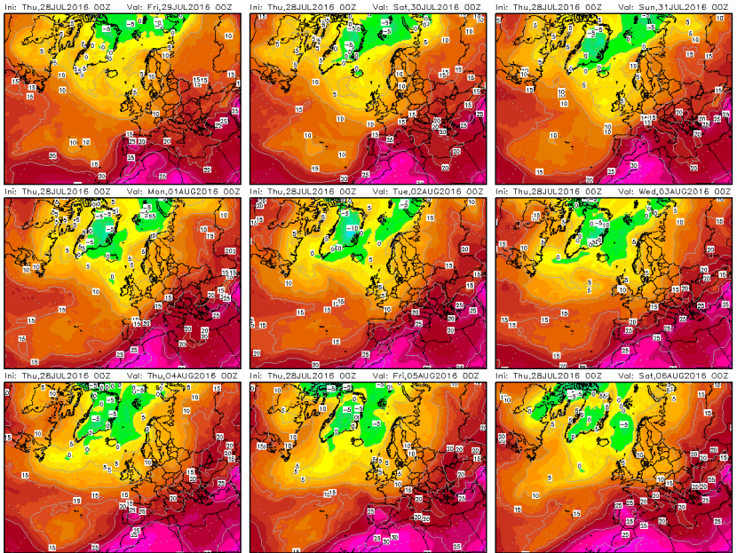 Panel a 9 días con la evolución de las temperaturas al nivel de los 850 hPa, según el modelo GFS. Crédito: Wetterzentrale.