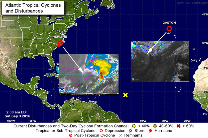 Ciclones tropicales atlánticos y áreas de tiempo perturbado con infografía adicional, 3 de septiembre de 2016. Crédito: NHC/NOAA.