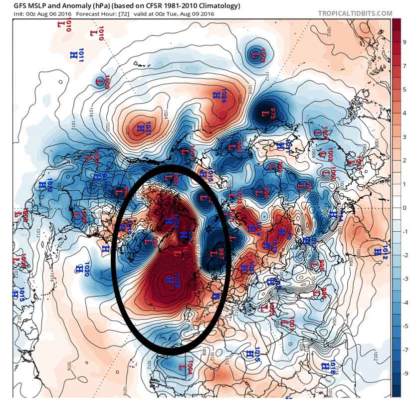 Campo isobárico de superficie y anomalías correspondientes. Previsión del modelo GFS para el 9 de agosto de 2016, 00 UTC.
