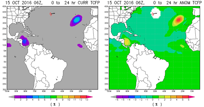 Probabilidad y anomalía de formación de ciclón tropical en 24 horas, en el Atlántico. Crédito: CIRA/RAMMB/NOAA.