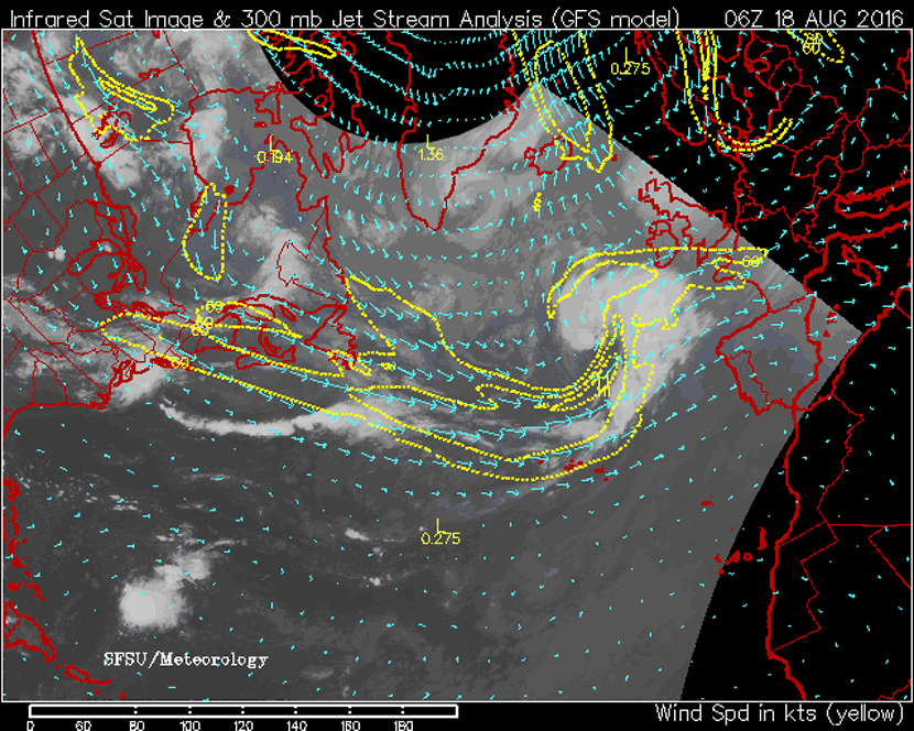 Imagen infrarroja y posición e intensidad de la Corriente en Chorro Polar (análisis del modelo GFS), 18 de agosto de 2016, 06 UTC.