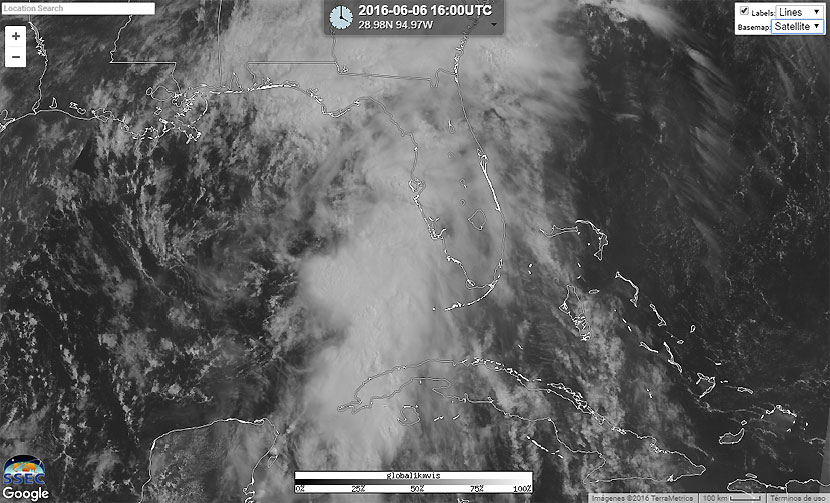 Imagen visible de la tempestad tropical COLIN en su aproximación a Florida, 6 de junio de 2016, 16 UTC.