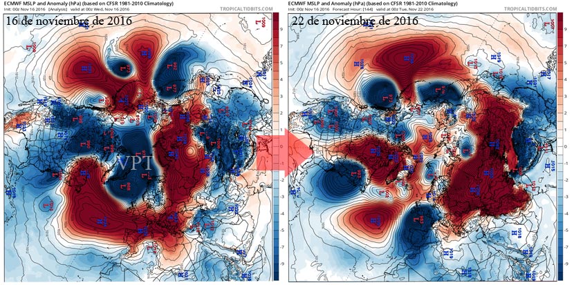 Campo isobárico de superficie y anomalías asociadas, hoy y previsión para el 22 de noviembre por el modelo GFS.