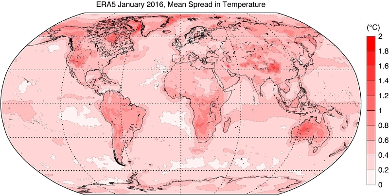 Mean spread of the ERA5 ensemble for surface air temperature in January 2016 (PRNewsFoto/ECMWF)