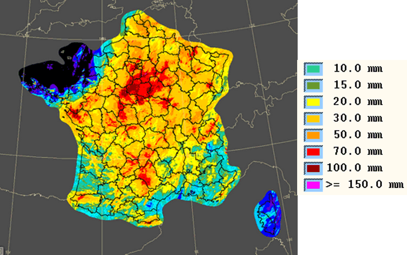 Precipitaciones acumuladas en 72 horas, desde las 10 horas del sábado 28, hasta las 10 horas del martes 31. Crédito: Météo-France.