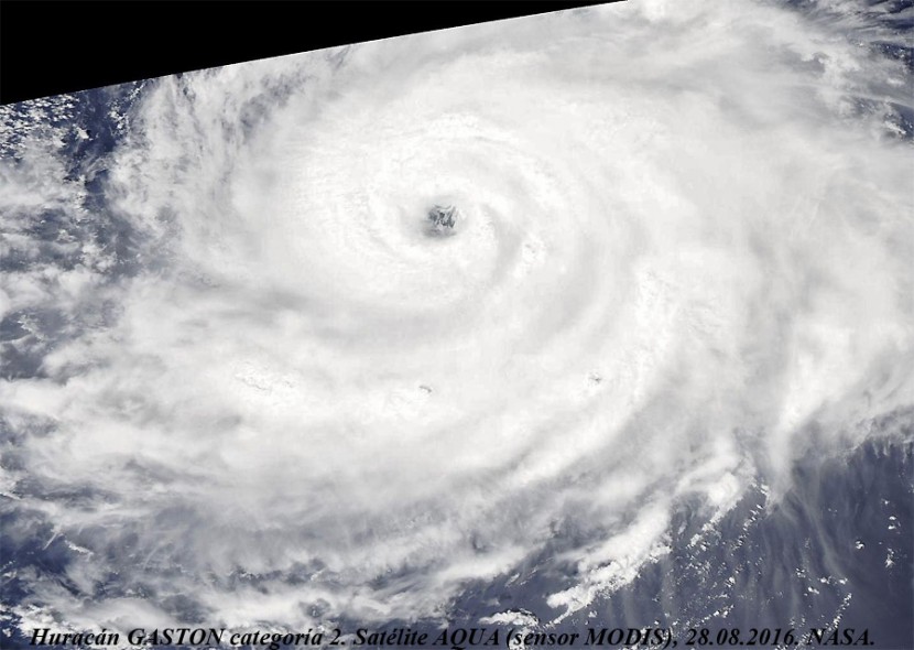 Imagen visible de alta resolución del huracán GASTON en categoría 2. Satélite AQUA (sensor MODIS), 28 de agosto de 2016.
