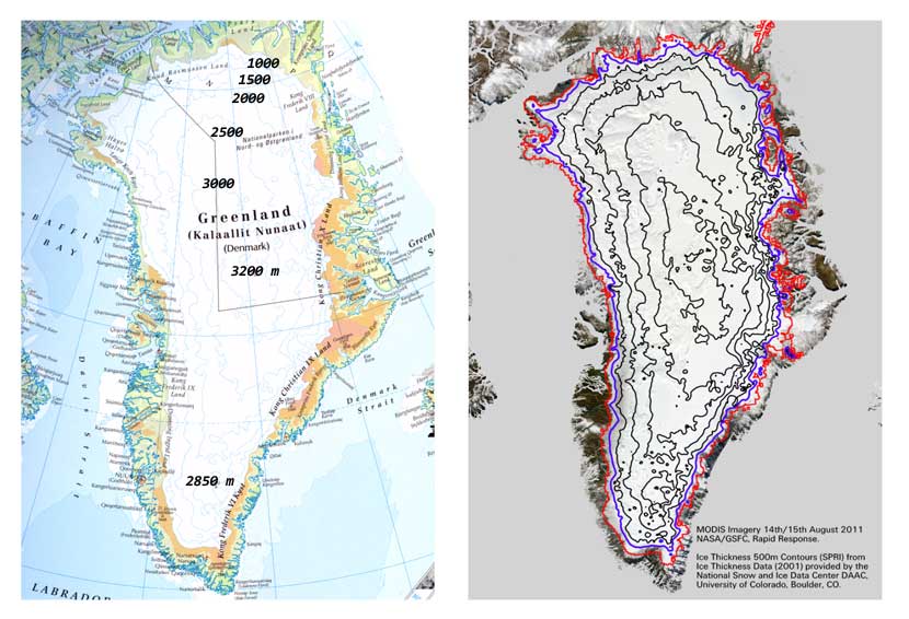Mapa físico y espesores del hielo basados en mediciones vía satelite (agosto de 2011), de Groenlandia. Crédito: Scott Polar Research Institute.