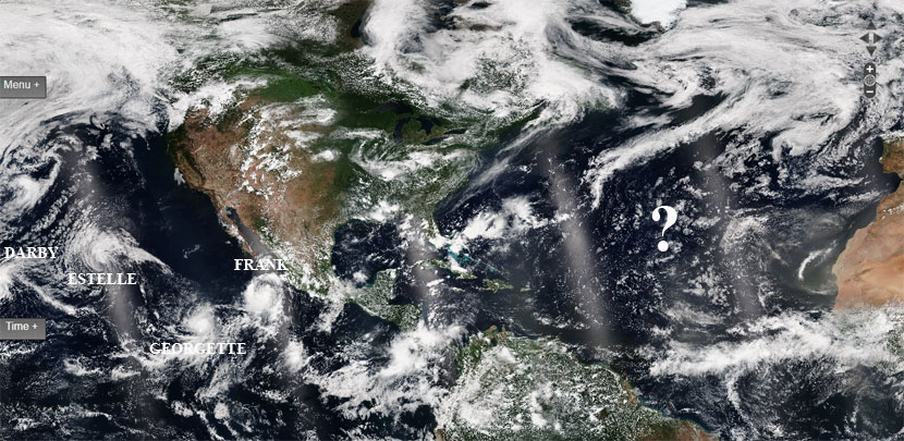 Imagen visible de alta resolución, 22 de julio de 2016. Oleada de ciclones tropicales en el Pacífico Noreste. Ninguno en el Atlántico.