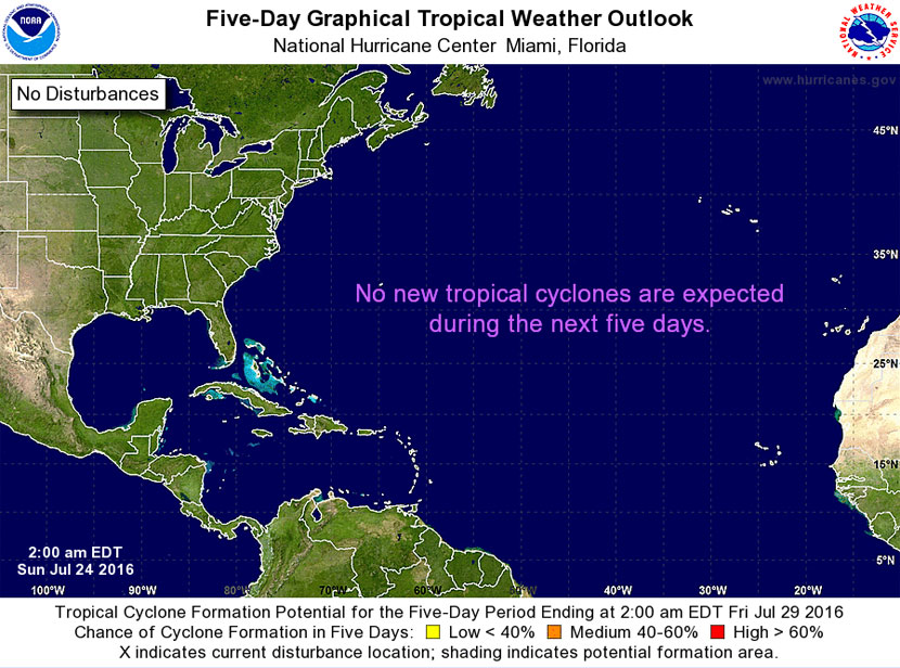 Probabilidad de formación de ciclones tropicales en los próximos 5 días, hasta el 29 de julio de 2016. Crédito: CNH.