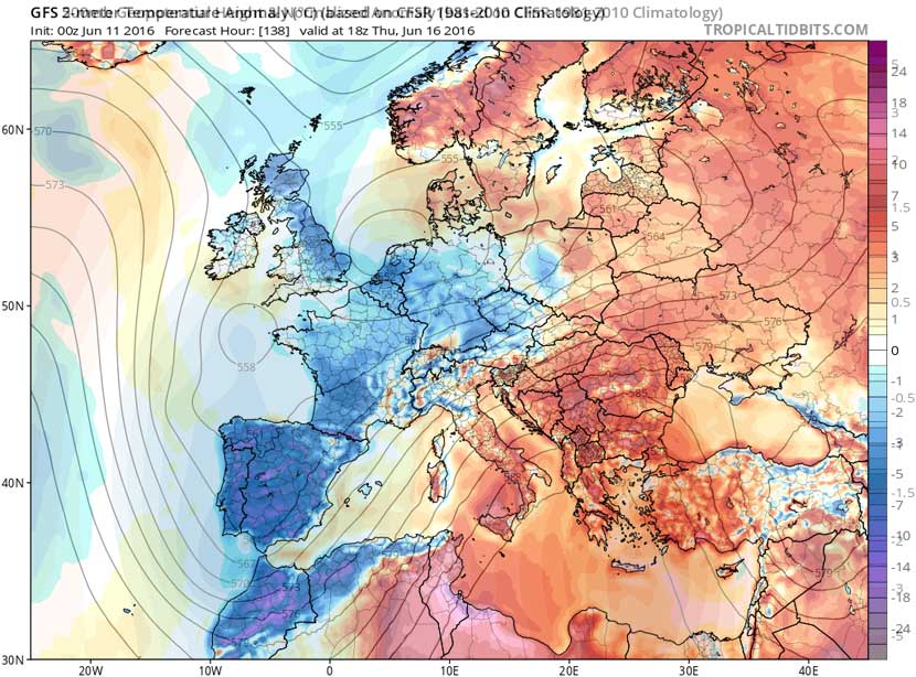 Mapas superpuestos; por un lado, anomalía de temperatura a 2 m., por otro, altura geopotencial y anomalía correspondiente de 500 hPa. Previsión del modelo GFS para el 16 de junio de 2016, 18 UTC.
