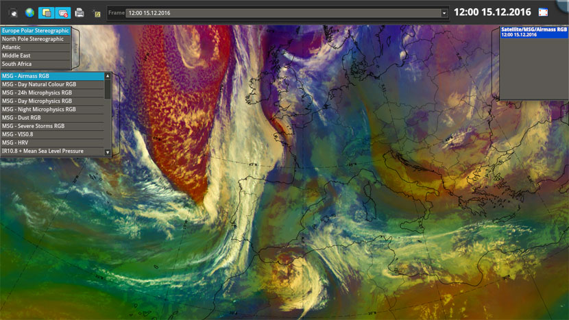Imagen infrarroja y falso color RGB (modo masas de aire), 15 de diciembre de 2017, 12 UTC. Crédito: eumetrain.