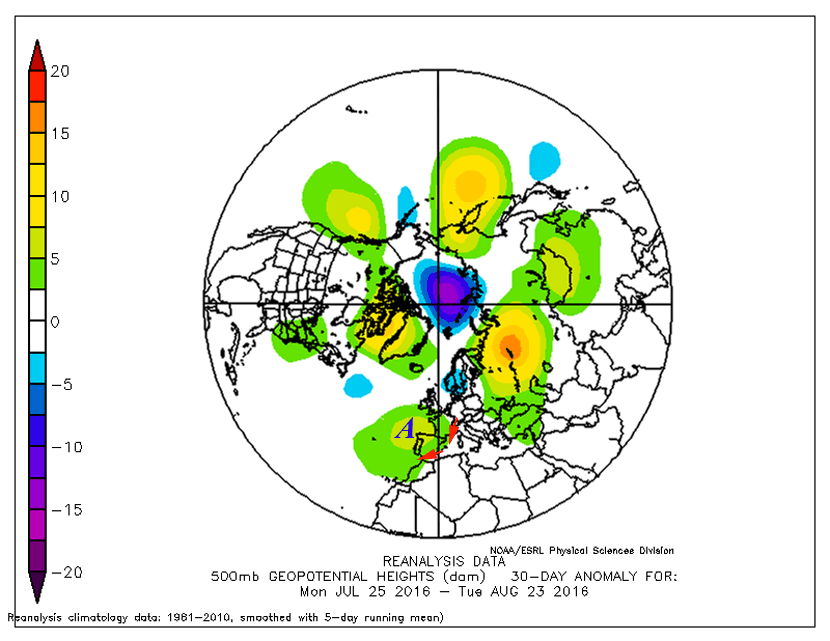 Anomalías de altura geopotencial de 500 hPa (decámetros), en los últimos 30 días (25 julio - 23 agosto). Datos de reanálisis.