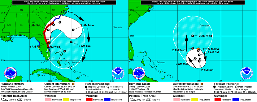 Vigilancias / avisos costeros y cono de incertidumbre, en previsión a 5 días, para el centro de los huracanes MATTHEW (izquierda) y NICOLE (derecha). Crédito: Centro Nacional de Huracanes de Florida.
