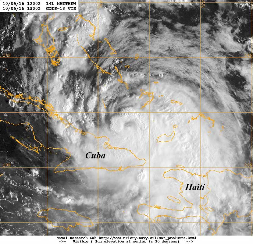 Imagen visible de alta resolución del gran huracán MATTHEW, actualmente en categoría 3, 5 de octubre de 2016, 13 UTC.