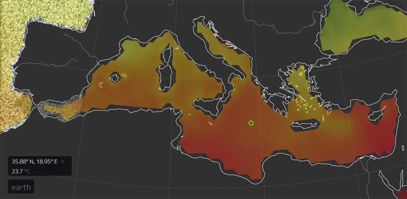 Temperatura de las aguas superficiales del Mar Mediterráneo en la zona del medicane, 30 de octubre de 2016.