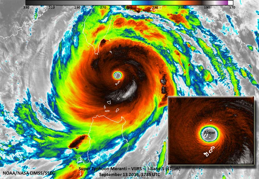 Super tifón Meranti el pasado 13 de septiembre de 2016 a las 17:35 UTC, sobre la isla de Itbayat en el Pacífico Noroccidental.