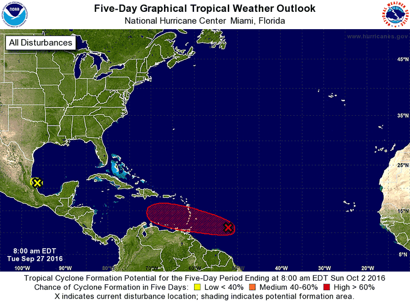 Perspectivas del Tiempo en el Trópico, previsión a 5 días. Nótese en nivel rojo las probabilidades de génesis tropical del 97L. Crédito: CNH.